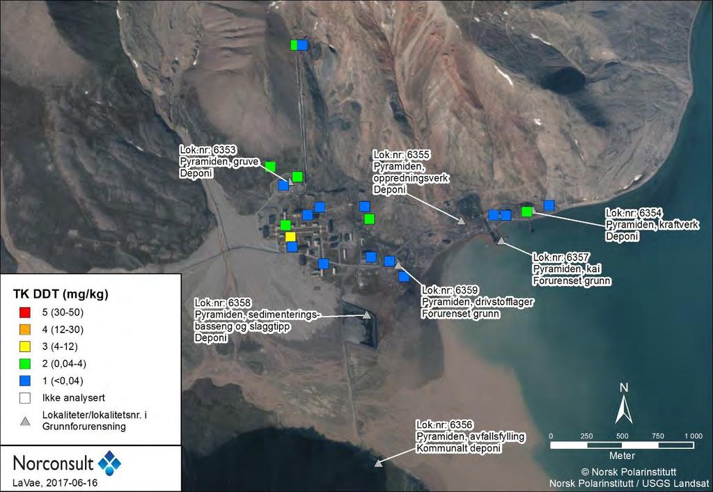 Figur 18: Pyramiden; sammenstilling av analyseresultater for DDT i jord, fargekodet etter tilstandsklasse iht. TA2553/2009 (SFT, 2009). Sammenstillingen omfatter data fra grunnlaget omtalt i kap. 2. 4.