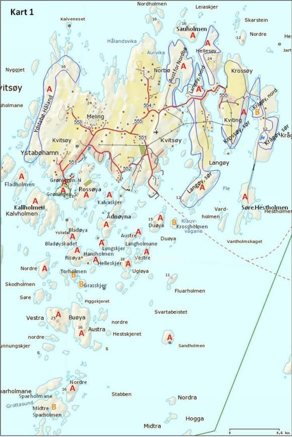 KRÅGØY-HESTHOLMEN. RAPPORT NATURMANGFOLDVURDERING 6 Krågøy sør har et område som er kategorisert som et A-område (svært viktig/nasjonalt viktig).