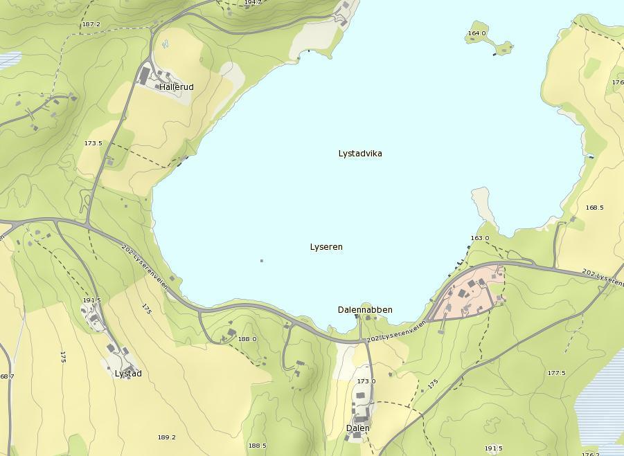 Oversiktskart med 5 meters koter, vegnett, skog (lysegrønt), dyrka mark/gress/beite (lysegult) og felt med hytte-/husbebyggelse (rosa). Bygninger er markert som grå rektangulære objekter. 4.2.