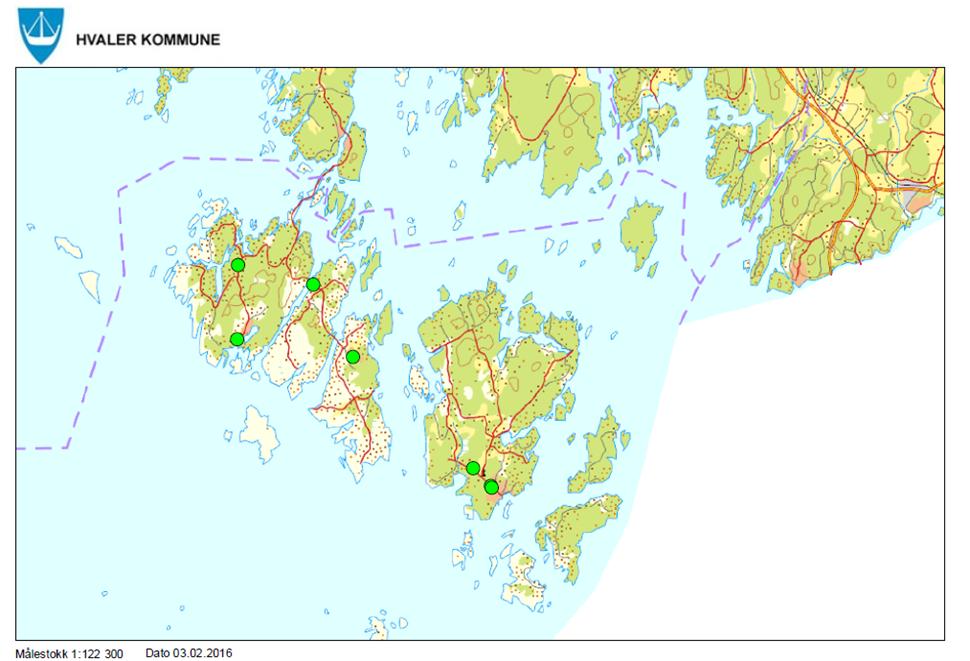 3 Kommunal ladeinfrastruktur på Hvaler Kartoversikt Bilde 1 Planlagte ladestasjoner på Hvaler er merket med grønt