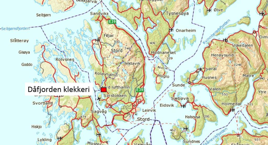 Figur 1. Kart over Sunnhordland med på vestsiden av Stord 1.6 Dagens situasjon og eksisterende inngrep. henter sitt vann fra to inntaksledninger opp og inn i Nedre Petarteigsvatnet.