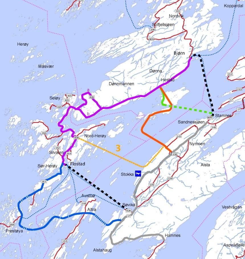 Sak 33/15 Konsept 3: Tunnel Dagens fergeforbindelser Søvik- Flostad og Bjørn Flostad avløses avundersjøisk tunnel (13 km) fra Nord Herøy til Alstenøya Den ender ca.