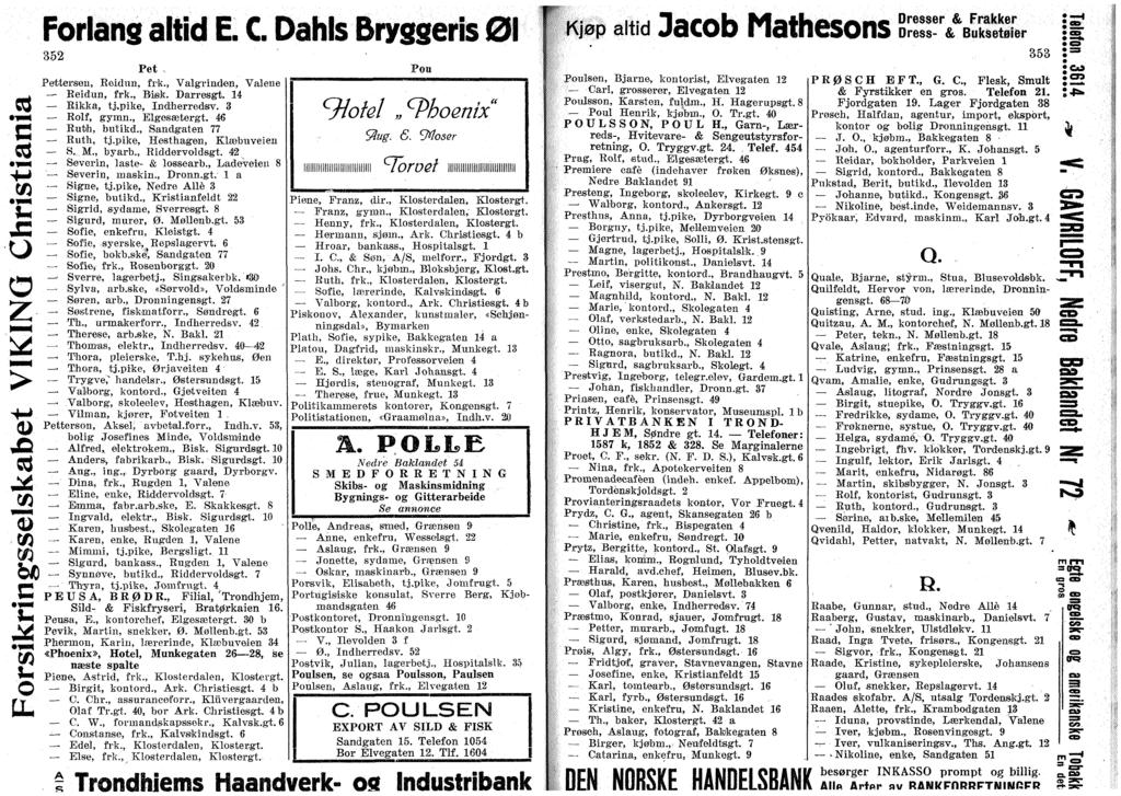 C cd Frlans aitid E. C Dahls Bryggeris 01 352 Pet Pettersen, Reidun, frk., Valgrinden, Vålene Reidun, frk., Bisk. Darresgt. 14 Rikka, tj.pike, Indherredsv. 3 Rlf, gymn., Elgesætergt. 46 Ruth, butikd.