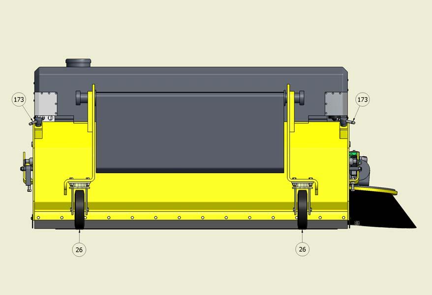 Bilde 7. Justering av høyden på hovedbørsten: Plasser feiemaskinen på et jevnt underlag hvilende på støttehjulene (26).
