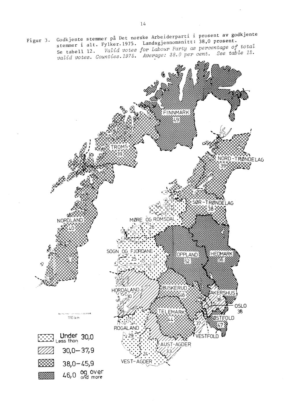 I : Figur Godkjente stemmer på Det norske Arbeiderparti i prosent av godkjente stemmer i alt Fylker9 Landsgjennomsnitt:,0 prosent Se tabell Valid votes for Labour Party as percentage of total valid