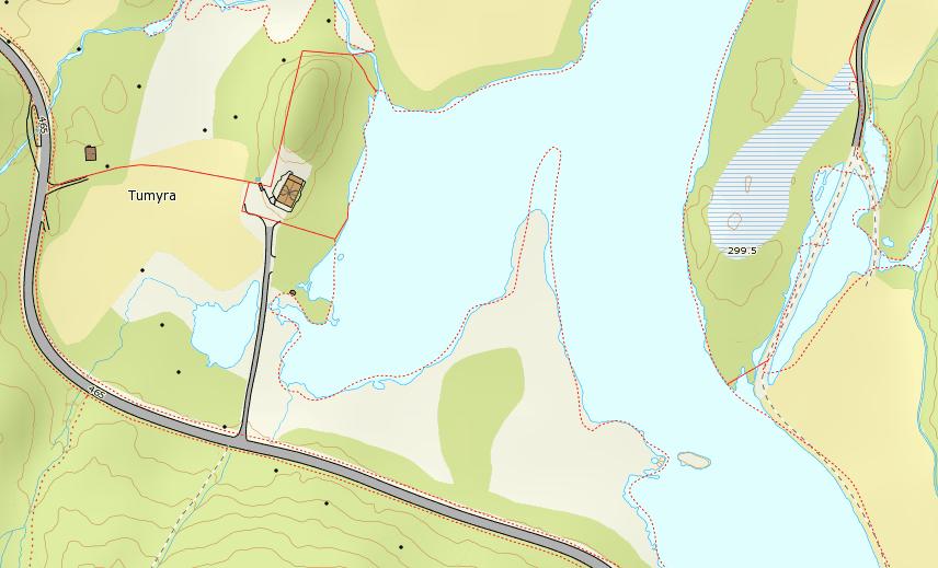 6.8. Nedstrøms Lindefjell Figur: Kartet viser oversikt over tiltaksområde nedstrøms Lindefjell. Figur: Flyfotoet viser området hvor vegetasjon har etablert seg på odde som stikker ut i elven.