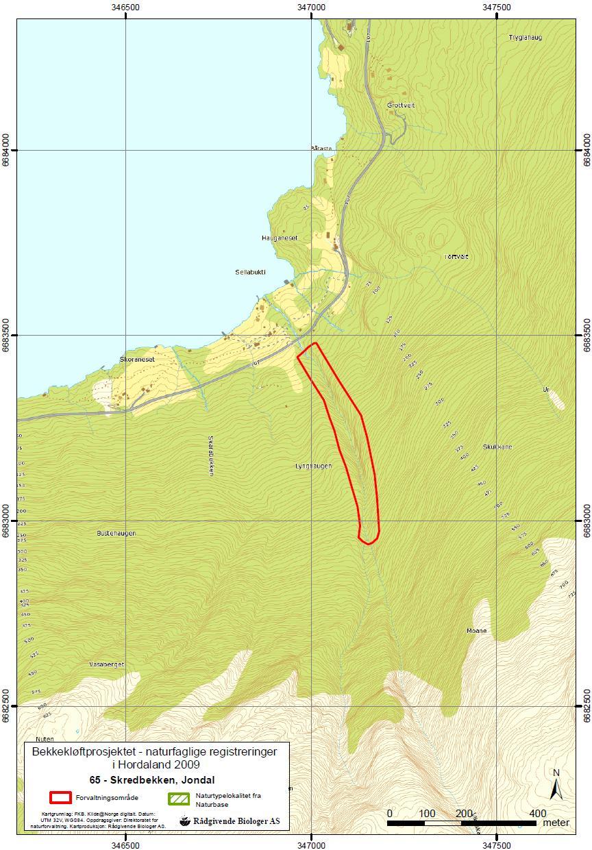 Figur 4. Kart over avgrenset forvaltningsområde for Skredbekken (lok. 65).