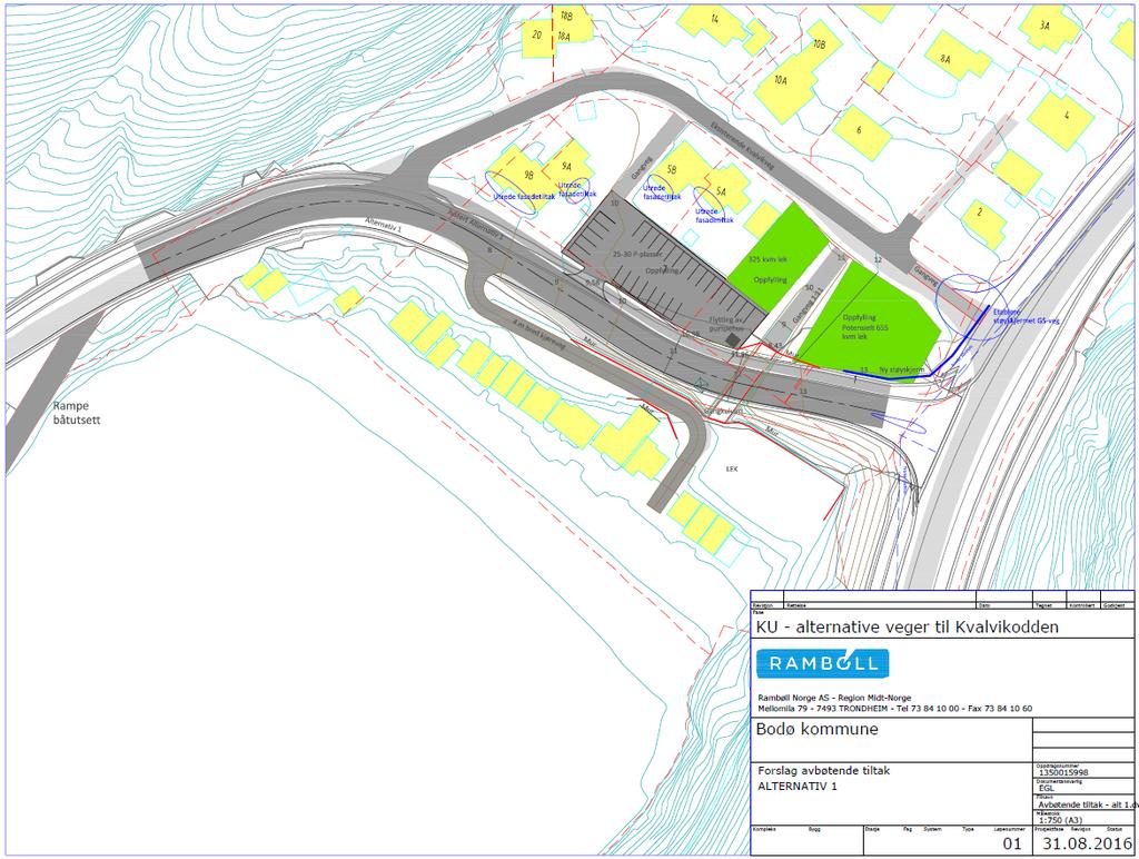 Prinsippene er illustrert under. Fig. 12 Skisse som ligger til grunn for høringsforslaget, alt. 1 Kostnader Kostnadsoverslaget for alternativ 1 er basert på Rambølls anslag datert 11.09.2012.