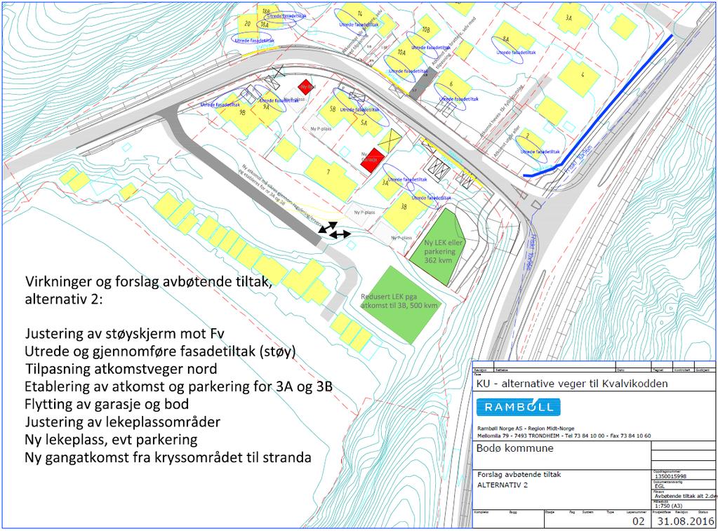 Fig. 25 Avbøtende tiltak alt. 2 8.5 Økonomiske konsekvenser for kommunen Kostnadsanslagene, se kap. 6, viser at det er alternativ 1 som er mest kostnadskrevende.