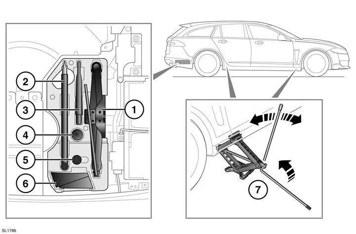 Skifte hjul Skifte hjul SKIFTE HJUL 1. Montere jekken. Følg instruksene på jekken. 2. Hjulvinne 3. Slepeøye 4. Låsemutter 5. Adapter for låsehjulmutter 6.