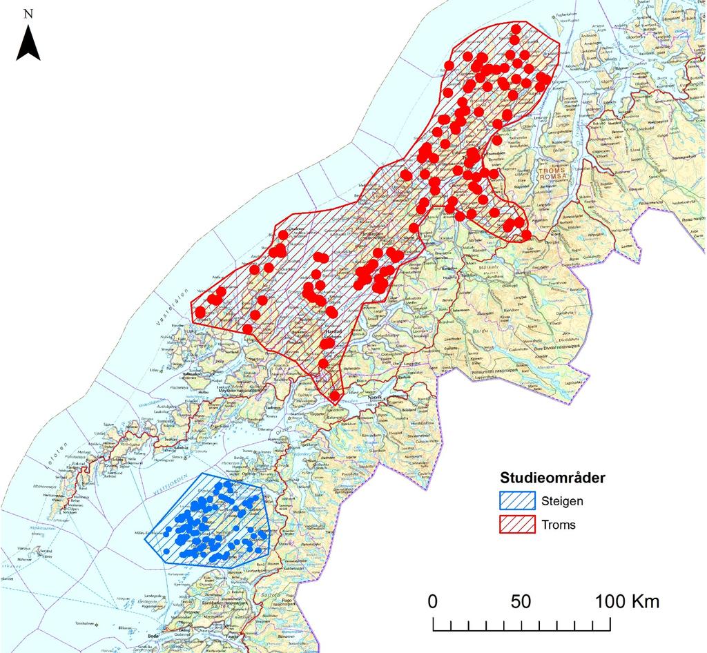 Figur 1. Studieområdet for undersøkelser av havørn i Troms og Vesterålen 2008-2016 og det nye referanseområdet i Steigen kommune 2012-2016 (reproduksjonsdata fra 1977-).