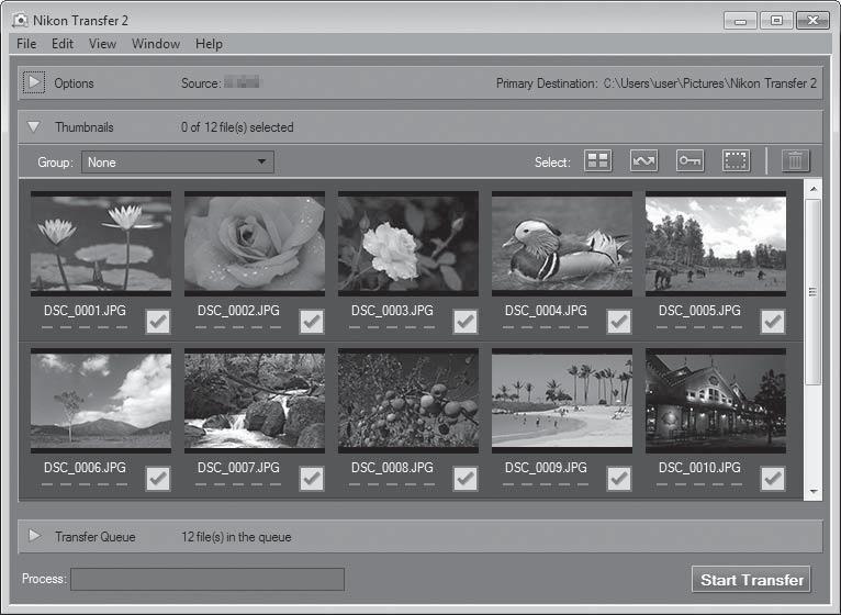 2 Klikk på Start Transfer (Start overføring) når Nikon Transfer 2 har startet. Start Transfer (Start overføring) Overføringen av bildene begynner.