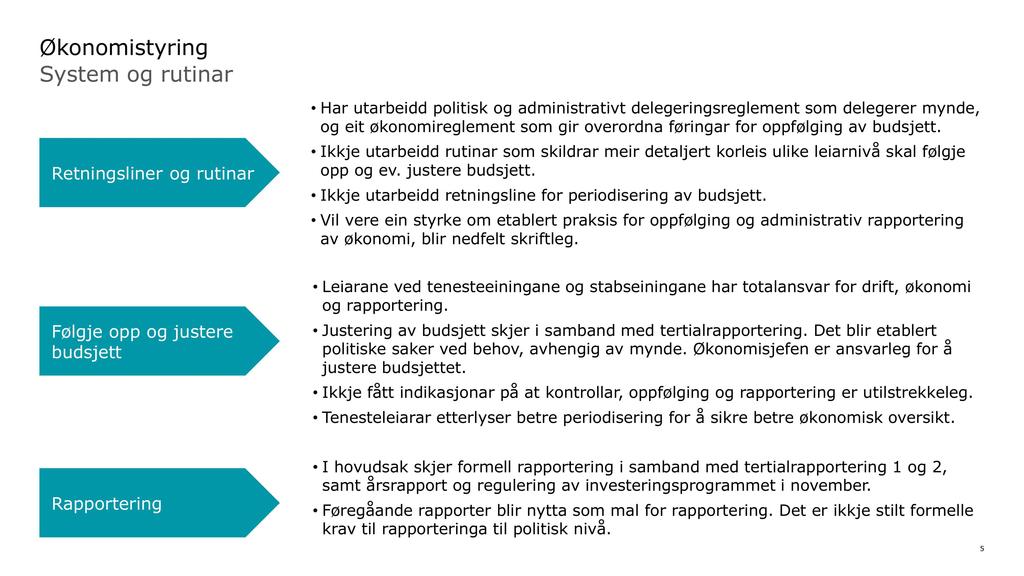 Økonomistyring System og rutinar Retningsliner og rutinar Har utarbeidd politisk og administrativt delegeringsreglement som delegerer mynde, og eit økonomireglement som gir overordna føringar for