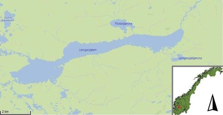 Figur 1. Oversiktskart over studieområdet. Kartet viser Langesjøen (N 67963.55, Ø 1752.25) midt i kartet, med Flotatjønne (N 672296.39, Ø 12338.97) i nord og Langesjøtjønn (N 6699651.86, Ø 1585.