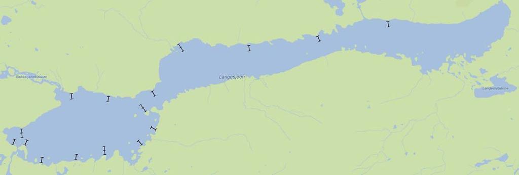 Vi satte garna ut fra land i tilfeldig rekkefølge med hensyn til maskevidde (Figur 7). Figur 7: Plasseringa av de 1 settegarna ved prøvefisket i Flotatjønne 16.7.-17.7 og i Langesjøtjønn 18.7.- 19.7.212.