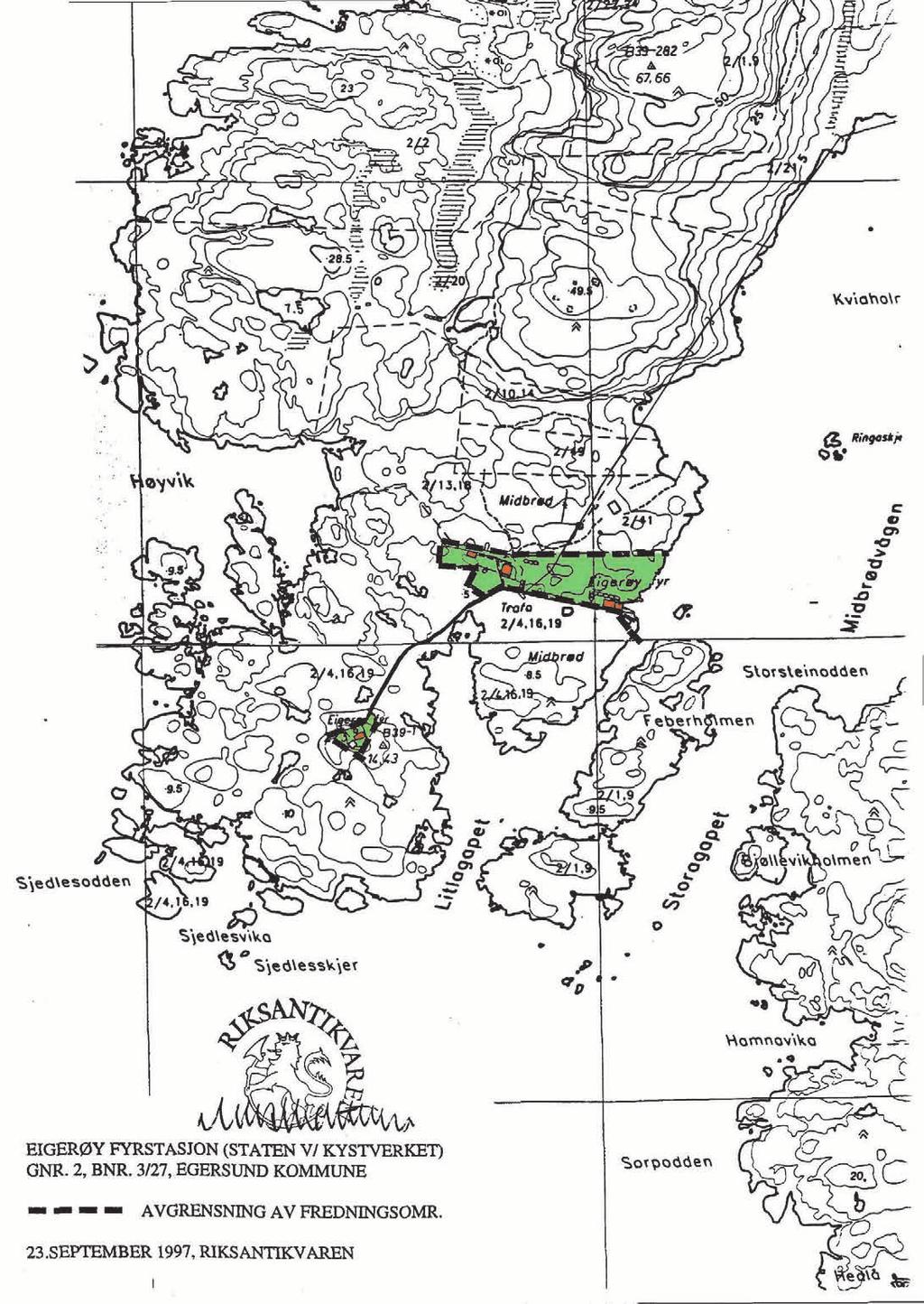 Kart over fredningsområdet ved Eigerøy fyrstasjon: