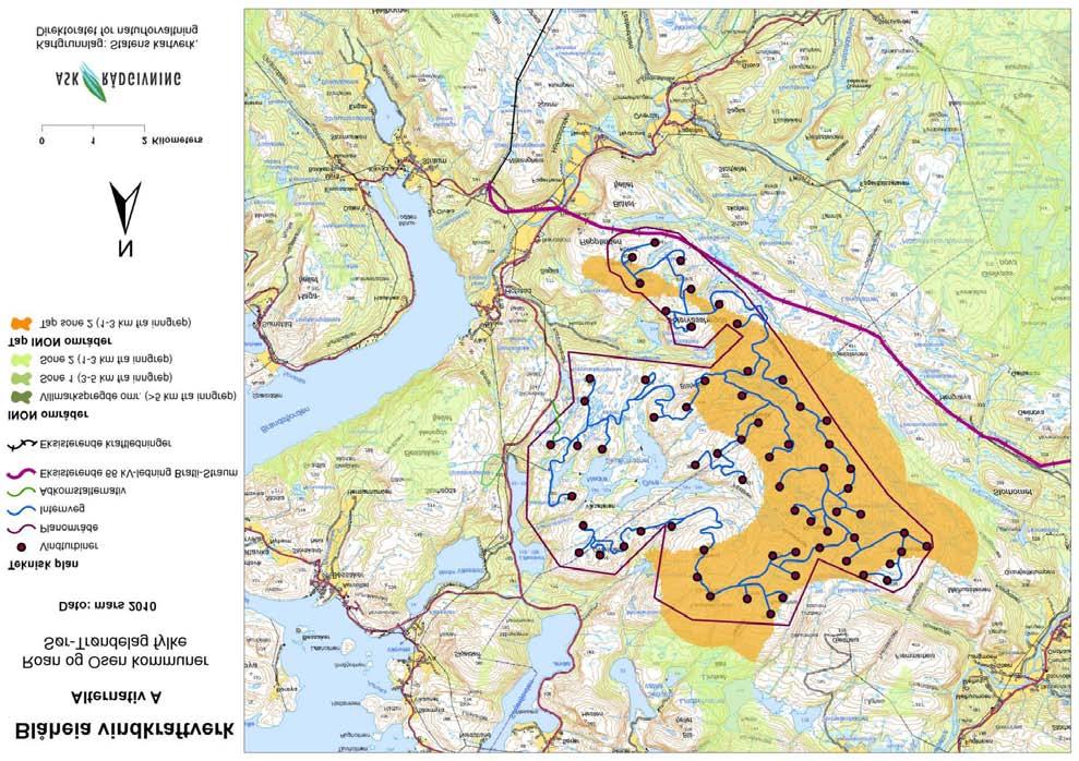 Figur 56 INON-områder etter utbygging Den 9 km lange 132 kv tremastledningen fra Blåheia til Roan transformatorstasjon vil krysse et INON-område, sone 2.