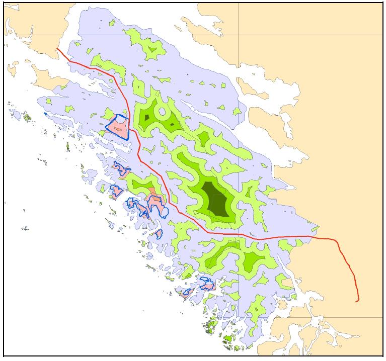 Figur 57 Kartet viser Bessakerfjellet (utbygd), alle konsesjonssøkte vindkraftverk på Fosen (2008) og en av Statnetts konsesjonssøkte traseer for ny 420 kv-ledningen over Fosen.