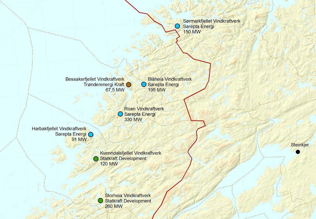 1.7. Andre nærliggende vindkraftplaner på Fosen Andre nærliggende vindkraftplaner på Fosen er vist i Figur 1 under: Figur 1 Nærliggende vindkraftplaner på Fosen Bessakerfjellet 57 MW (idriftsatt