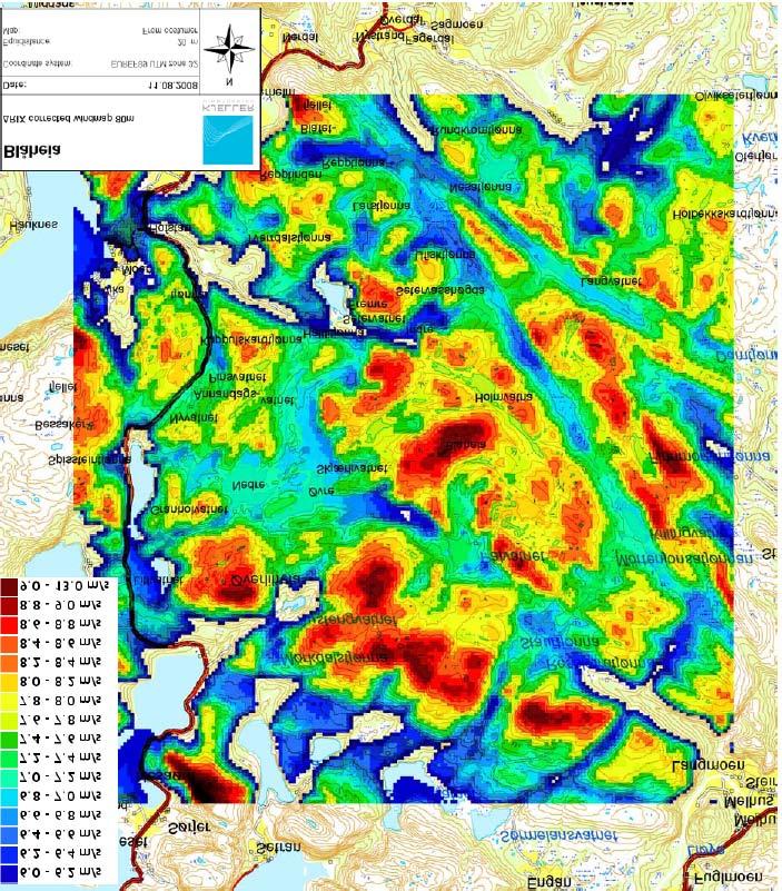 (Kilde: NVE vindkart for Norge 2009) Foreløpige bergningene utført av Kjeller Vindteknikk angir en noe lavere middelvind i 80 m høyde enn NVEs