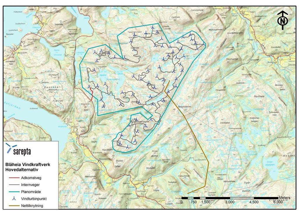 5. UTBYGGINGSPLANER I forhåndsmelding av Blåheia Vindkraftverk fra juni 2007, ble det antydet et utbyggingsomfang med inntil 100 vindturbiner med installert effekt på inntil 300 MW og et planområde