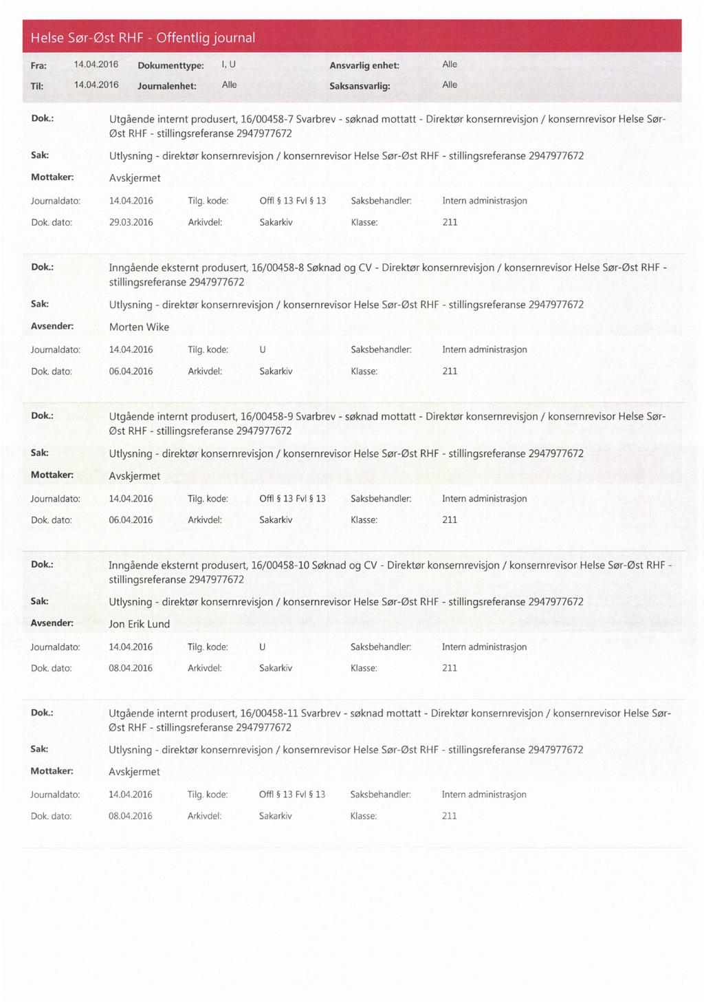 Fra: 14.04.2016 Dokumenttype: I, U Ansvarlig enhet: Alle Dok.: Utgående internt produsert, 16/00458-7 Svarbrev - søknad mottatt - Direktør konsernrevisjon / konsernrevisor Helse Sør- Øst RHF - Dok.