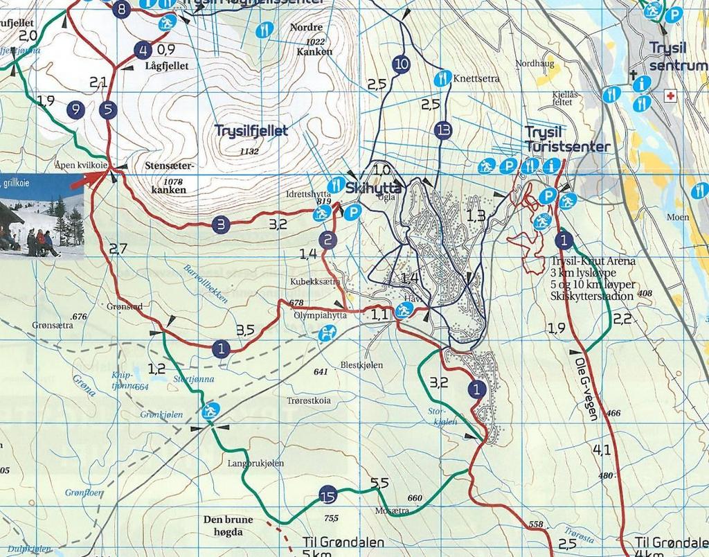 Planområdet tilknyttes eksisterende løypenett Utsnitt fra løypekart i Trysil. Planområdet er markert med rød ring, planlagte løyper med svart stiplet linje. 5.2.