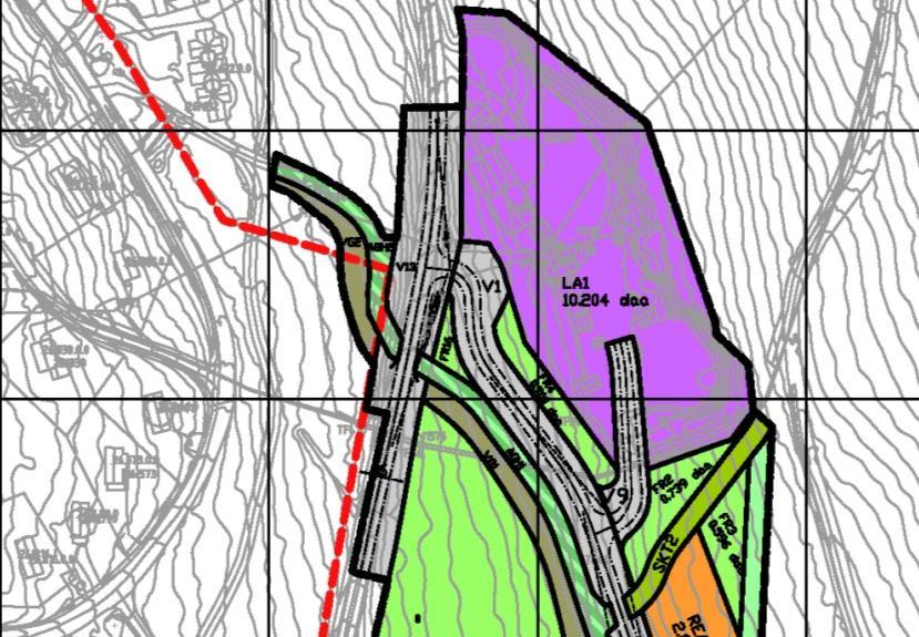 En del av planområdet i nord der planfri kryssing er planlagt samt en liten del av planområdet i sør dekkes av