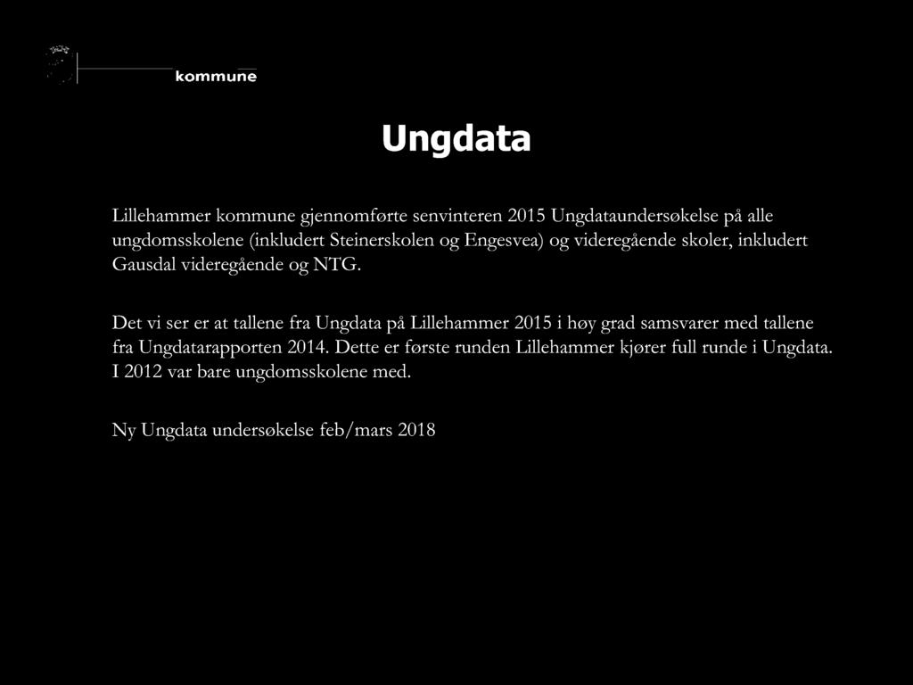 Ungdata Lillehammer kommune gjennomførte senvinteren 2015 Ungdataundersøkelse på alle ungdomsskolene (inkludert Steinerskolen og Engesvea) og videregående skoler, inkludert Gausdal videregående og