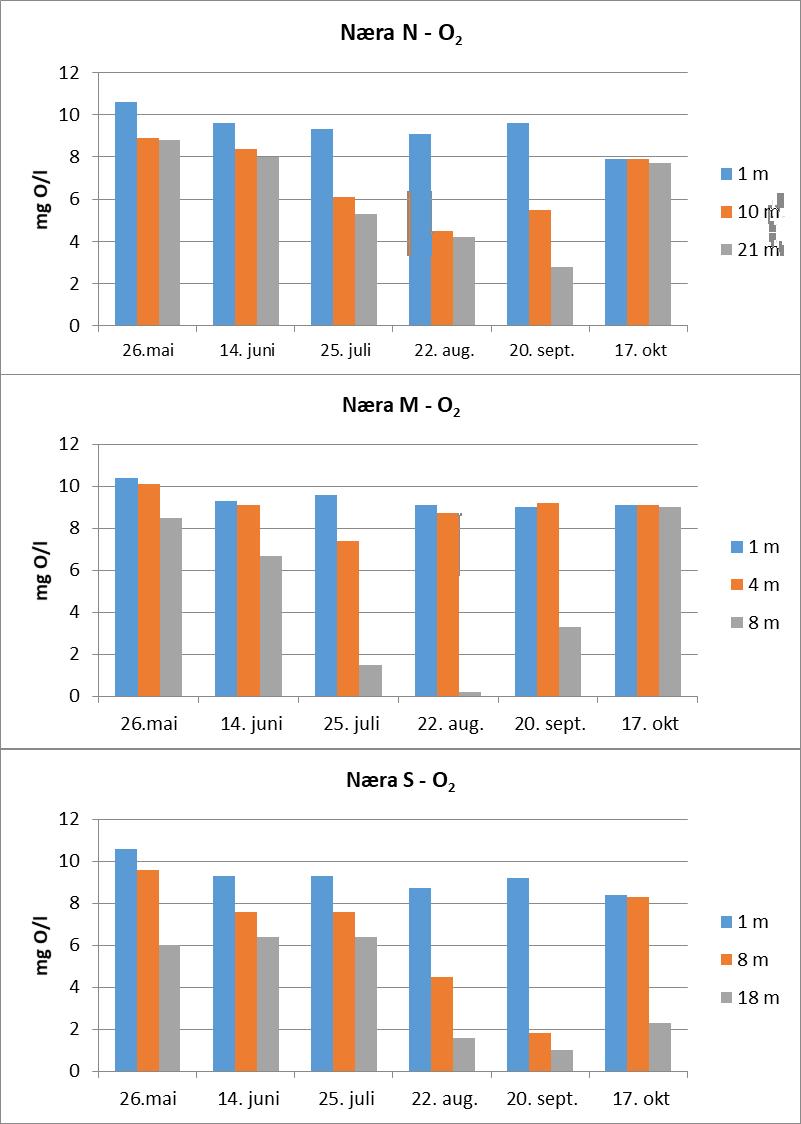 På stasjon N falt oksygenkonsentrasjonen på 21 m dyp fra 8,8 mg O/l (71 % metning; 26. mai) til 2,8 mg O/l (24 % metning; 20. september).