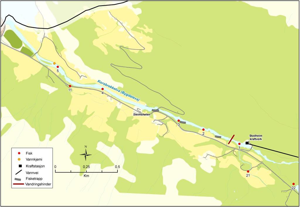 METODE Vannkvalitet og vanntemperatur Det ble samlet inn en vannprøve nederst i vassdraget, denne ble analysert for surhet (ph), kalsium (mg Ca/l) og farge (mg Pt/l).