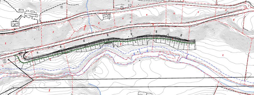 skråninga. Alternativ 1 har, i samsvar med det som tidlegare hadde vore drøfta, kryss i fylkesvegen om lag der noverande traktorveg ned mot elva tek av.