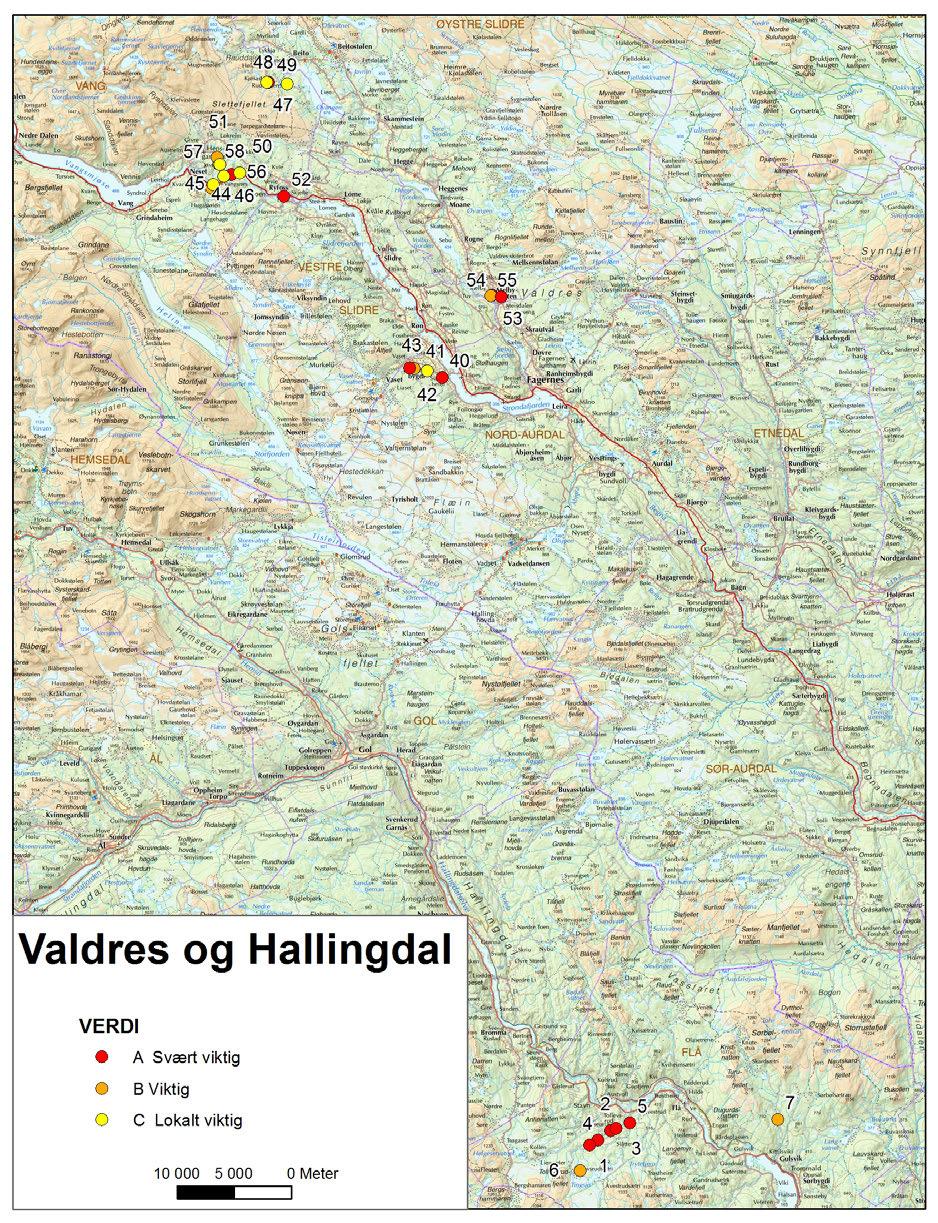Figur 1 Oversikt over omtalte naturtypelokaliteter i Flå i Buskerud (nr 1-7) og Nord-Aurdal (nr 40-43),