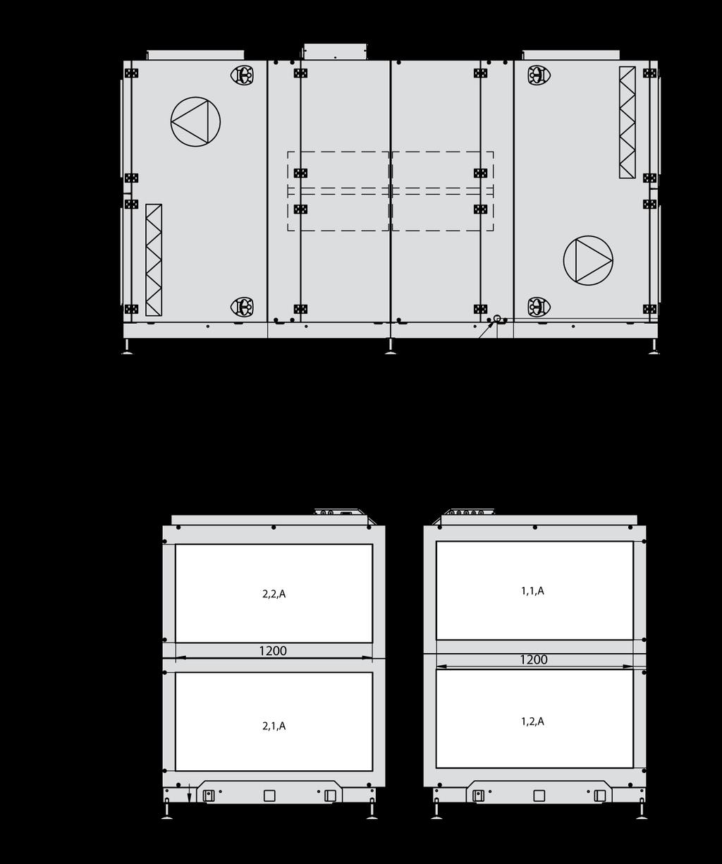 Målskisser VEX370H VEX370H - Left 1.1 Avtrekksluft 1.2 Avkast 2.1 Uteluft 2.2 Tilluft Alle mål er oppgitt i mm.