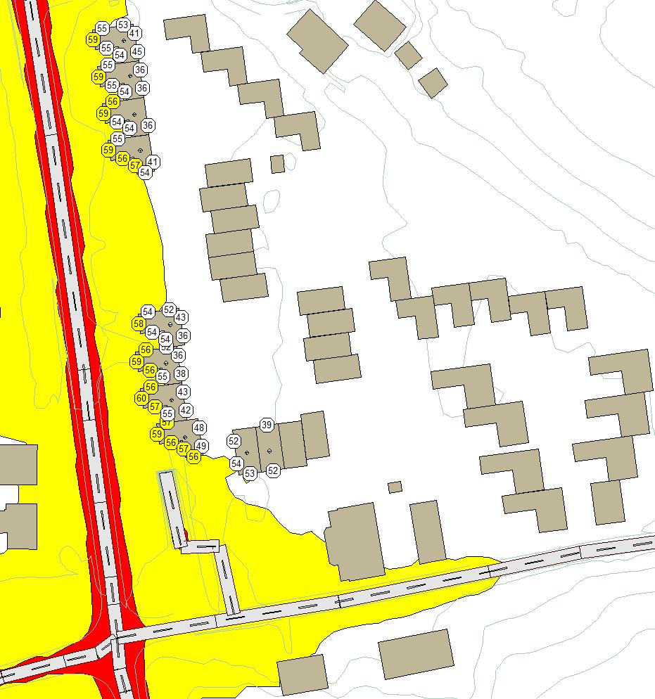 4 Beregningsresultater Figur 1: Støysonekart i 1,5 meters høyde, Gul sone L den 55dB- 65 db, Rød sone L den 65