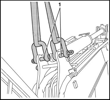 Berging, lastning og transport Fest løfteredskapen med sjakler til løftemaljene (1) på begge sider av planeringsskjæret. Fest løfteredskapen med sjakler til løftemaljene (1) på begge sider av bommen.