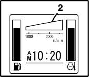 IDLE-styring. Hvis ingen kontrollspak brukes, vil AUTO IDLE-styringen etter ca. 4 sekunder senke turtallet fra den forhåndsinnstilte verdien til tomgangsturtallet.