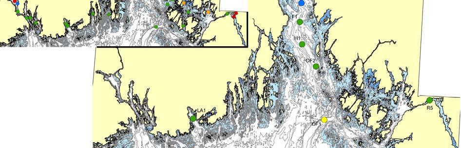 Dårligere forhold (Tilstandsklasse IV og V) ble observert, i de dypere delene av Frierfjorden, ved Tønsberg, Drammensfjorden, de grunnere delene