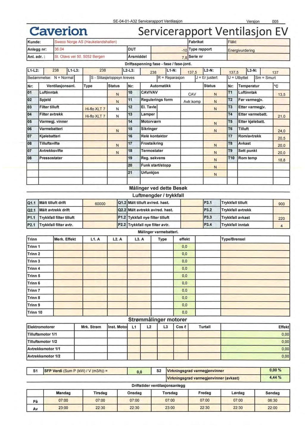 S-04-01-A32 Servicerapport Ventilasjon Versjon 005 Caverion Servicerapport Ventilasjon V Kunde: Sweco orge AS (Haukelandshallen) Fabrikat Fläkt Anlegg nr: 36.