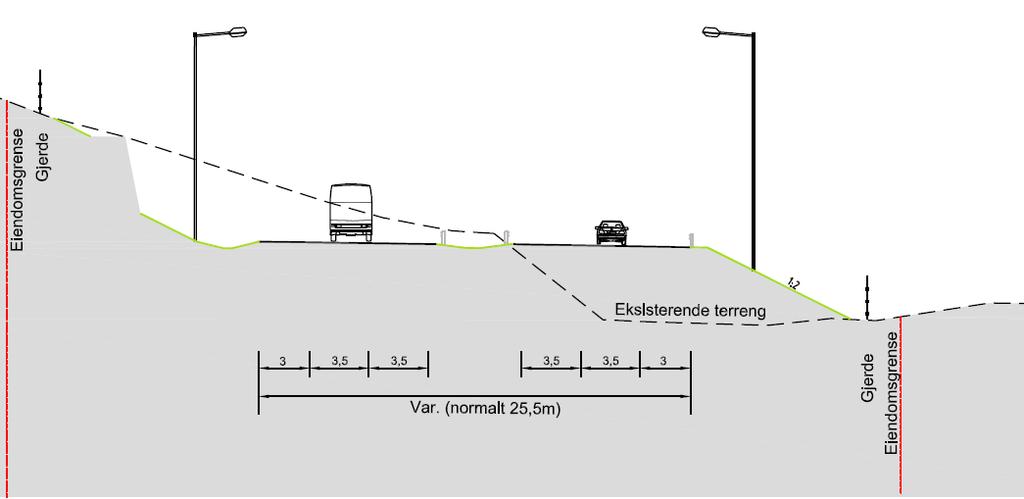 Konsekvensutredning Naturmiljø 14 Figur 1: Normalprofil for ny E18. Øverst: strekningen mellom Vinterbro og Frestadtunnelen har midtstilt belysningen.