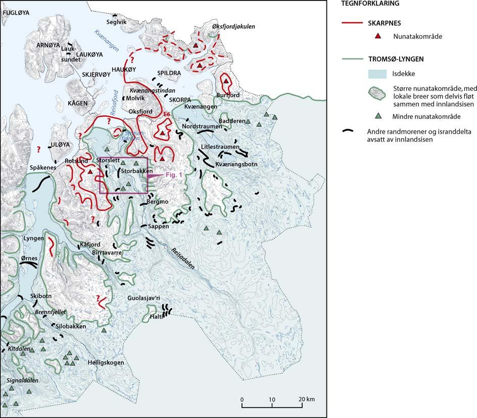 Figur 2. Oversiktskart med viktige israndstrinn i Troms hvorav Skarpnestinnet (14 000 år siden) og Tromsø-Lyngen trinnet (knapt 12 500 år siden) er de mest markante.