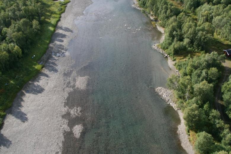 Sone 3 kjennetegnes av relativt lave vannhastigheter og elvebunnen domineres av sand, silt og fin grus (figur 8, tabell 2). I nedre del av sonen er sand og silt helt dominerende.