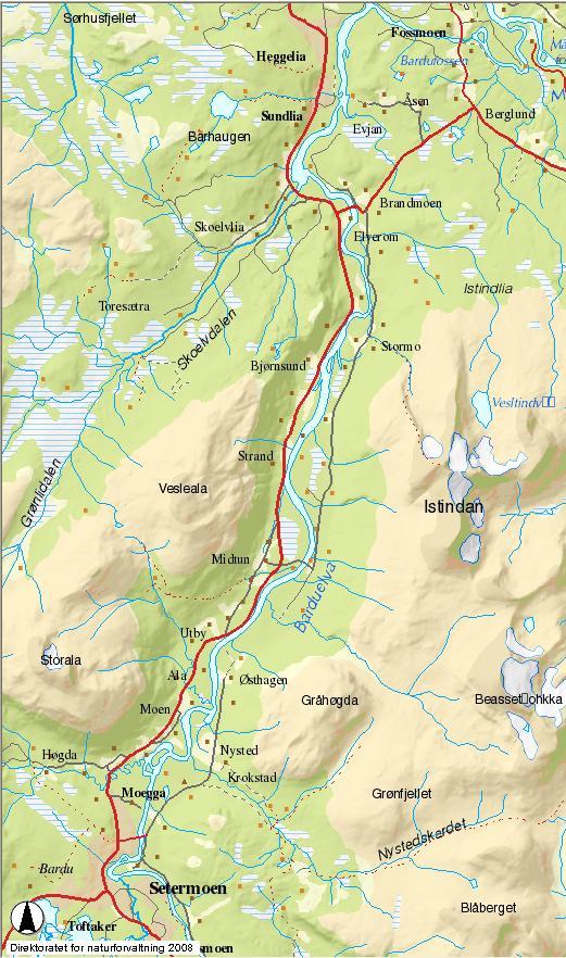 SONE 4 SONE 3 SONE 2 SONE 1 SONE 6 SONE 5 Figur 1 Kartutsnitt over Barduelva, med markering for soneinndeling ved bonitering og vassdragsbeskrivelse. 2. Områdebeskrivelse Barduvassdraget ligger i Bardu og Målselv kommune, og strekker seg fra Altevatn til samløpet med Målselva.