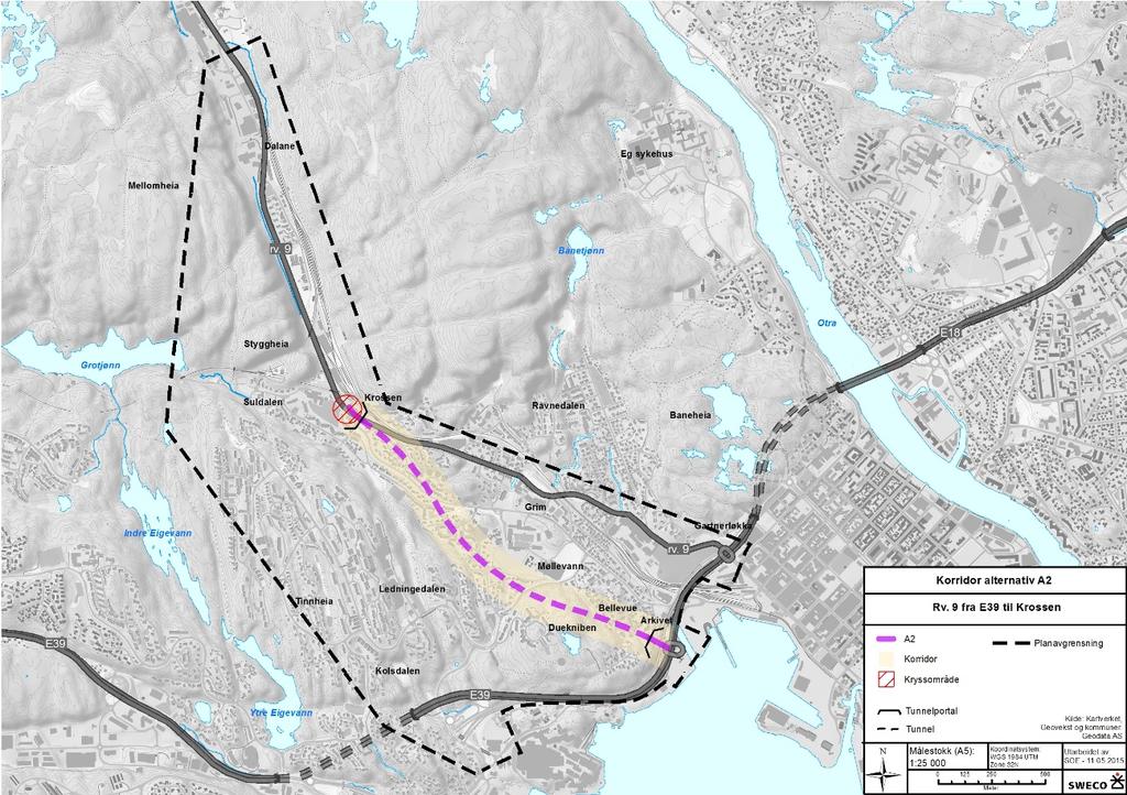 3.1.1 Korridor A2 Som referansealternativet for 2040, men med ny rv. 9 mellom Arkivet og Krossen. Figur 3-2 viser en skisse av traséen. Figur 3-1 Skisse av traséen for A2.