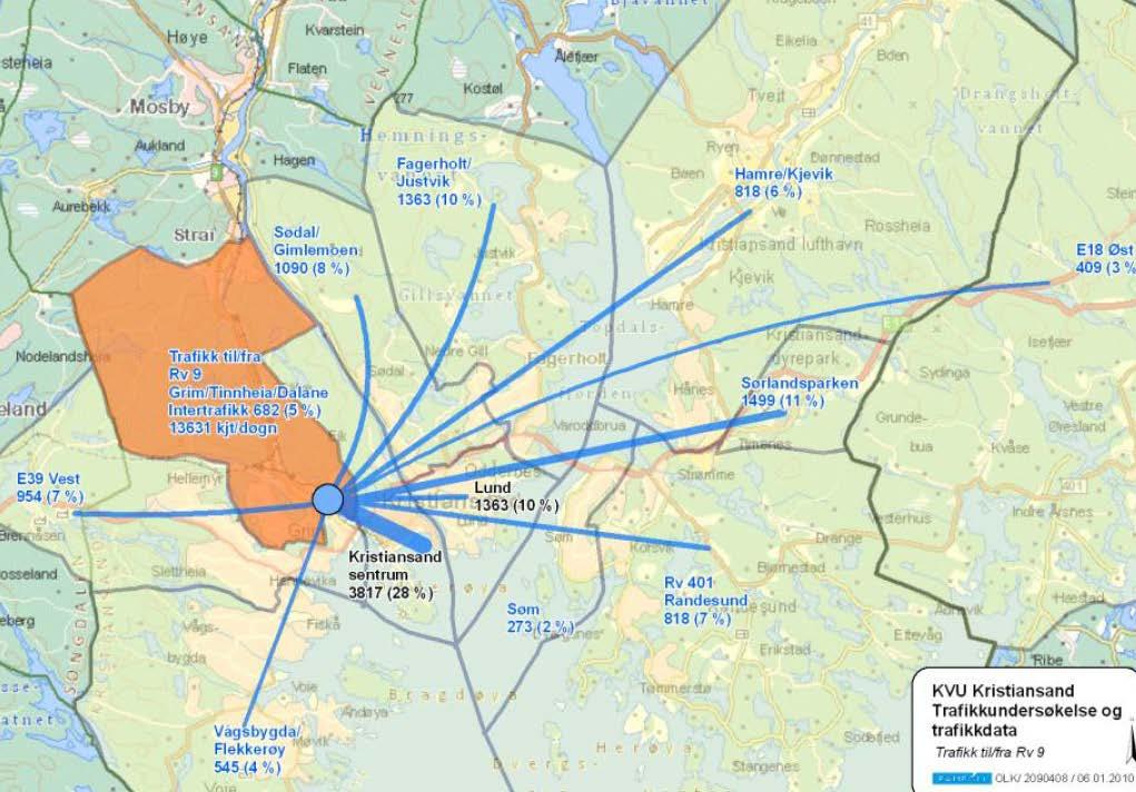 Figur 2-2 Trafikk til/fra rv. 9 (kjt/døgn). Kilde: KVU Samferdselspakke fase 2 for Kristiansandregionen. Trafikkundersøkelse og trafikkdata Kristiansand.