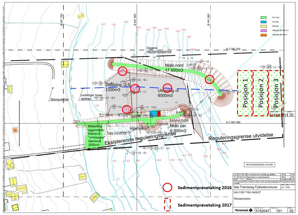 Figur 6: Oversikt over tidligere prøvetaking fra 2016 (FR-1, FR-2, FR-3, FR-4 og FR-5) og sedimentprøvetakingen utført
