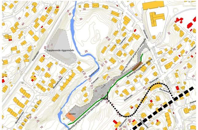 12 av 28 Figur 1: Skissen viser en mulig løsning for tverrslag anleggsvei og riggområde ved Fossveien. 3.2.2 Tekniske/økonomiske konsekvenser Tverrslagets lengde blir ca 250 m.