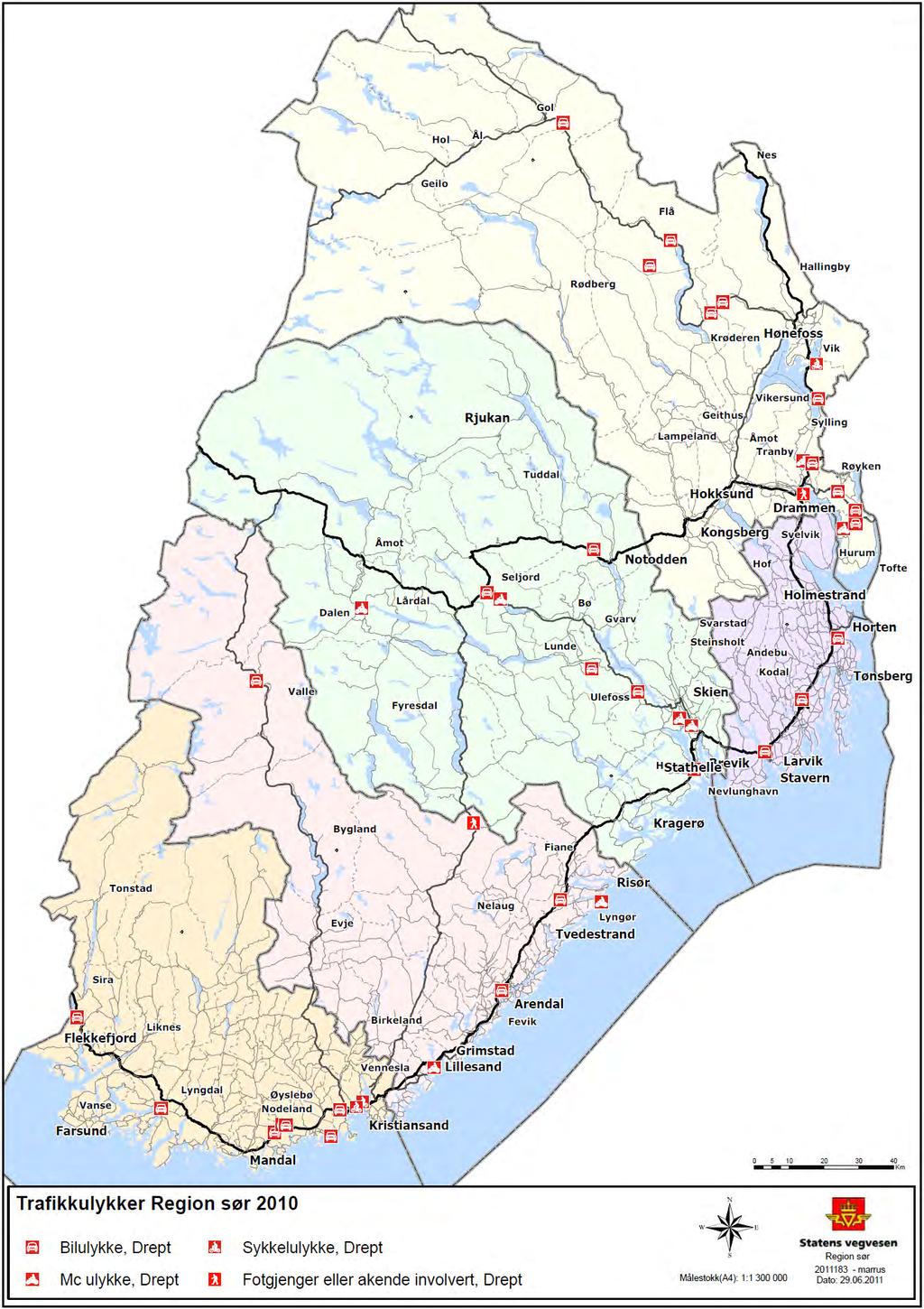 Antall dødsulykker Region sør 2010 kartfestet