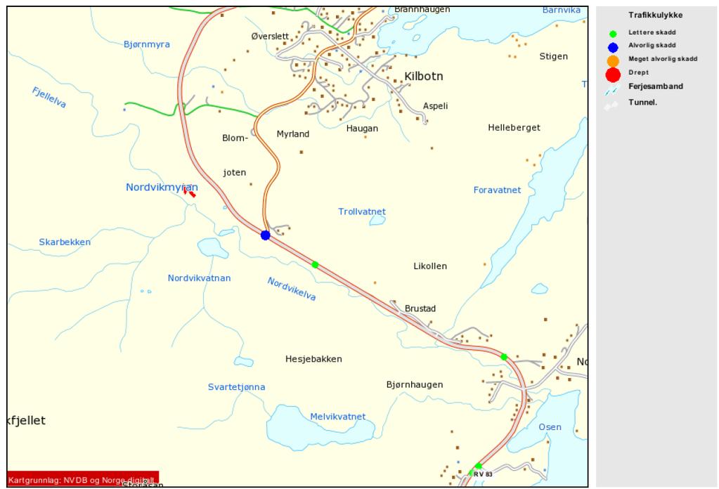 17 3.9 Trafikale forhold Døgntrafikken på Rv 83 på Nordvikmyra er på om lag 5.250 (Norsk vegdatabank).