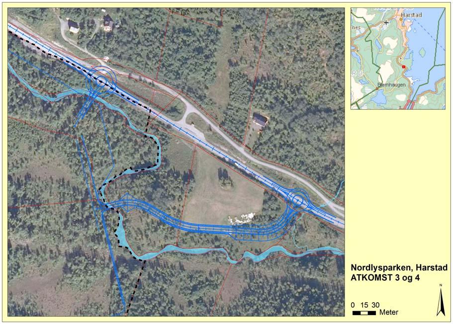 8 Alternativ 2 Adkomsten fra Rv 83 inn til utbyggingsområdet blir ca 50 meter og er lagt til utbyggingsområdets nordvestre kant.